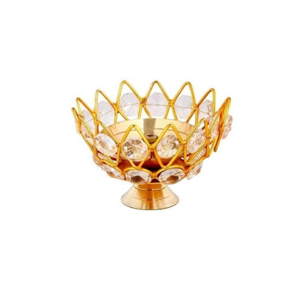 India Diwali Diya Crystal Round Akhand Diya for Puja Brass (Pack of 4)