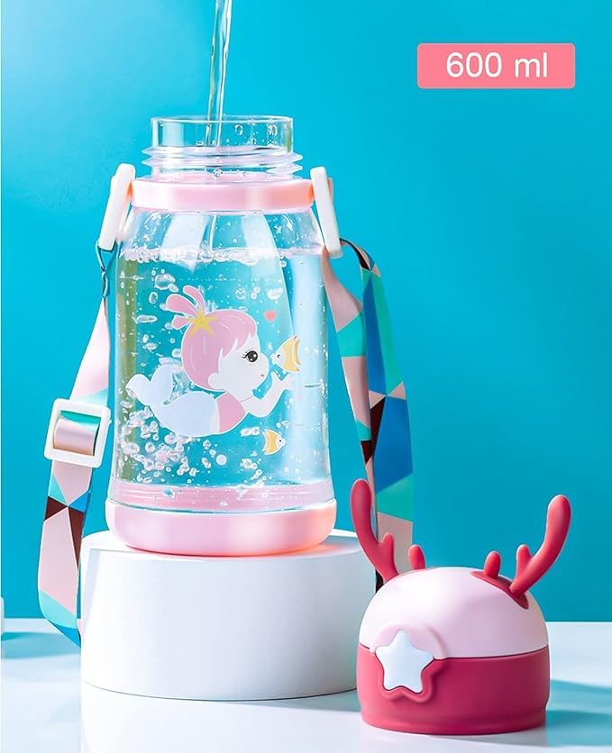 Kids Water Bottle with deer Cap, Cartoon Design, Pink