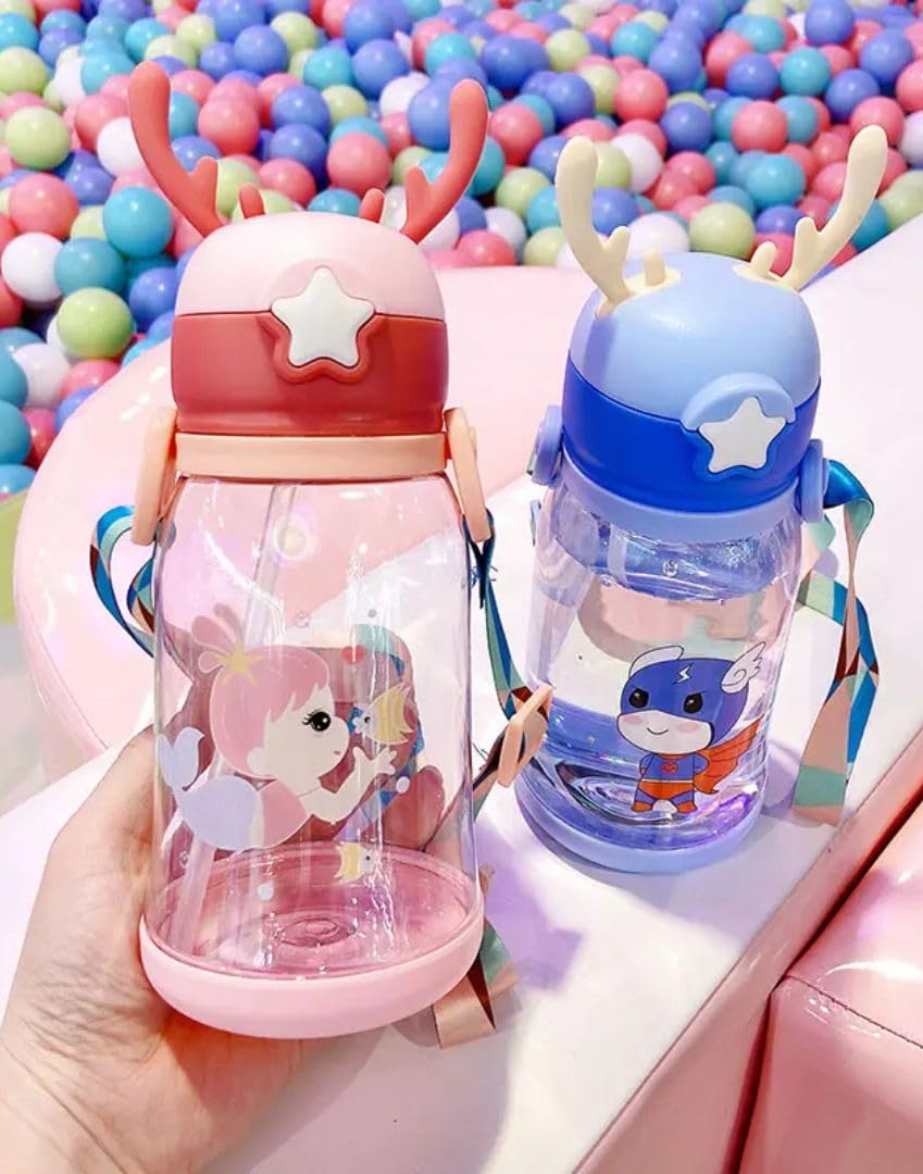 Kids Water Bottle with deer Cap, Cartoon Design, Pink