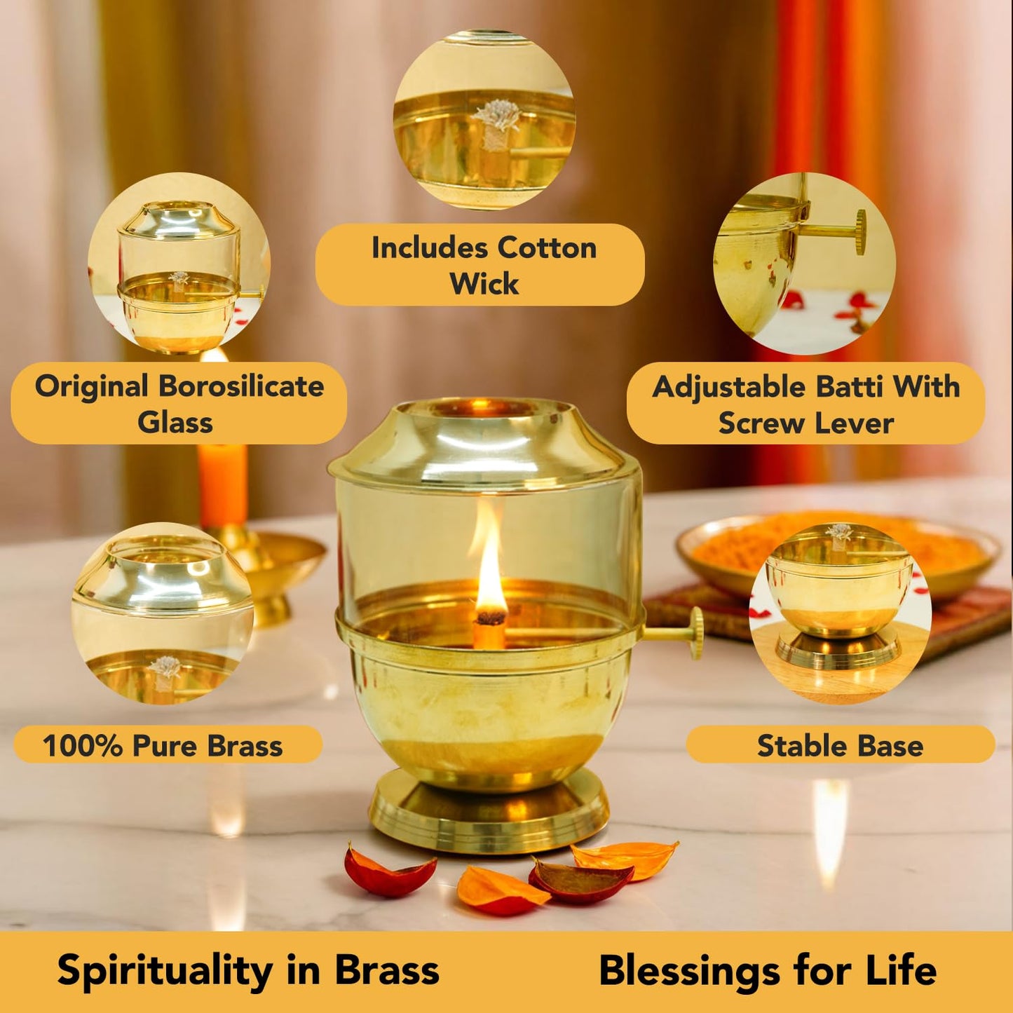 100% Pure Brass Akhand Jyot Diya with Adjustable Bati Knob