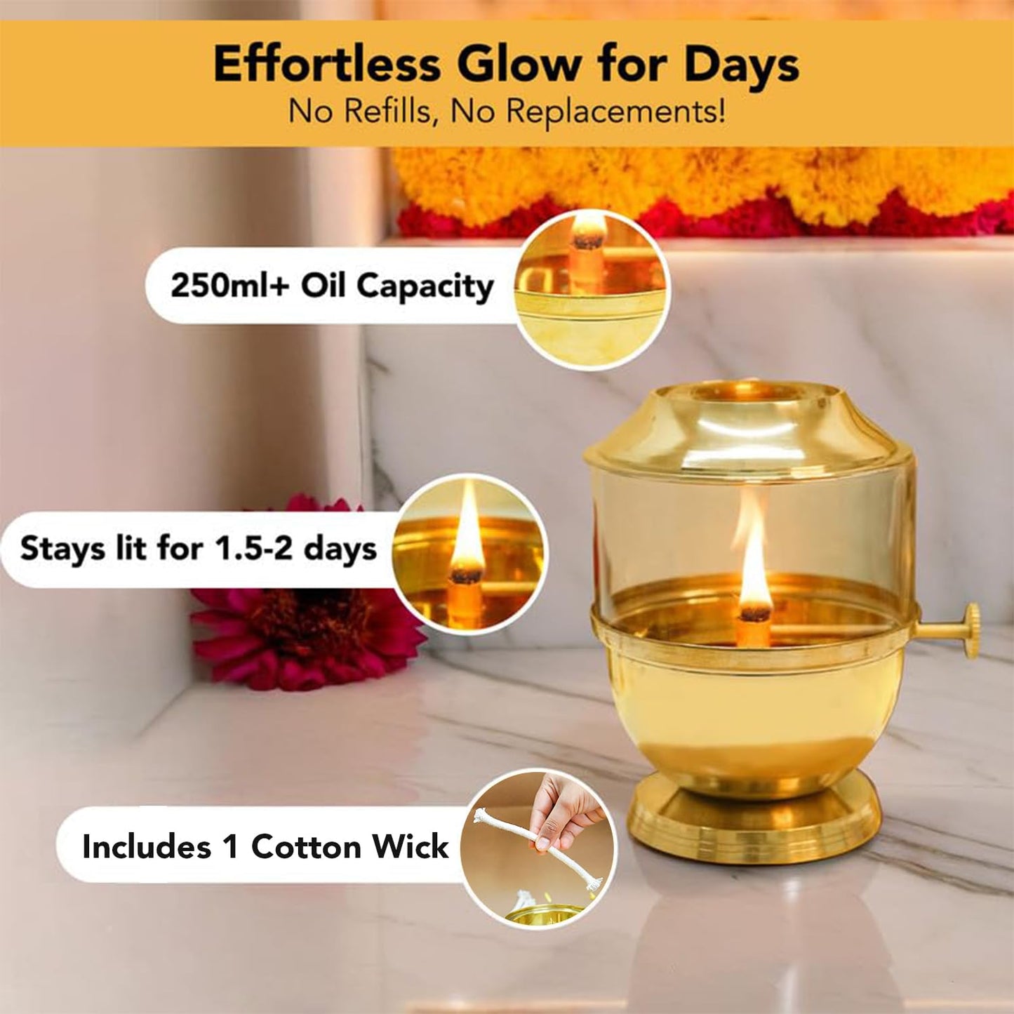 100% Pure Brass Akhand Jyot Diya with Adjustable Bati Knob