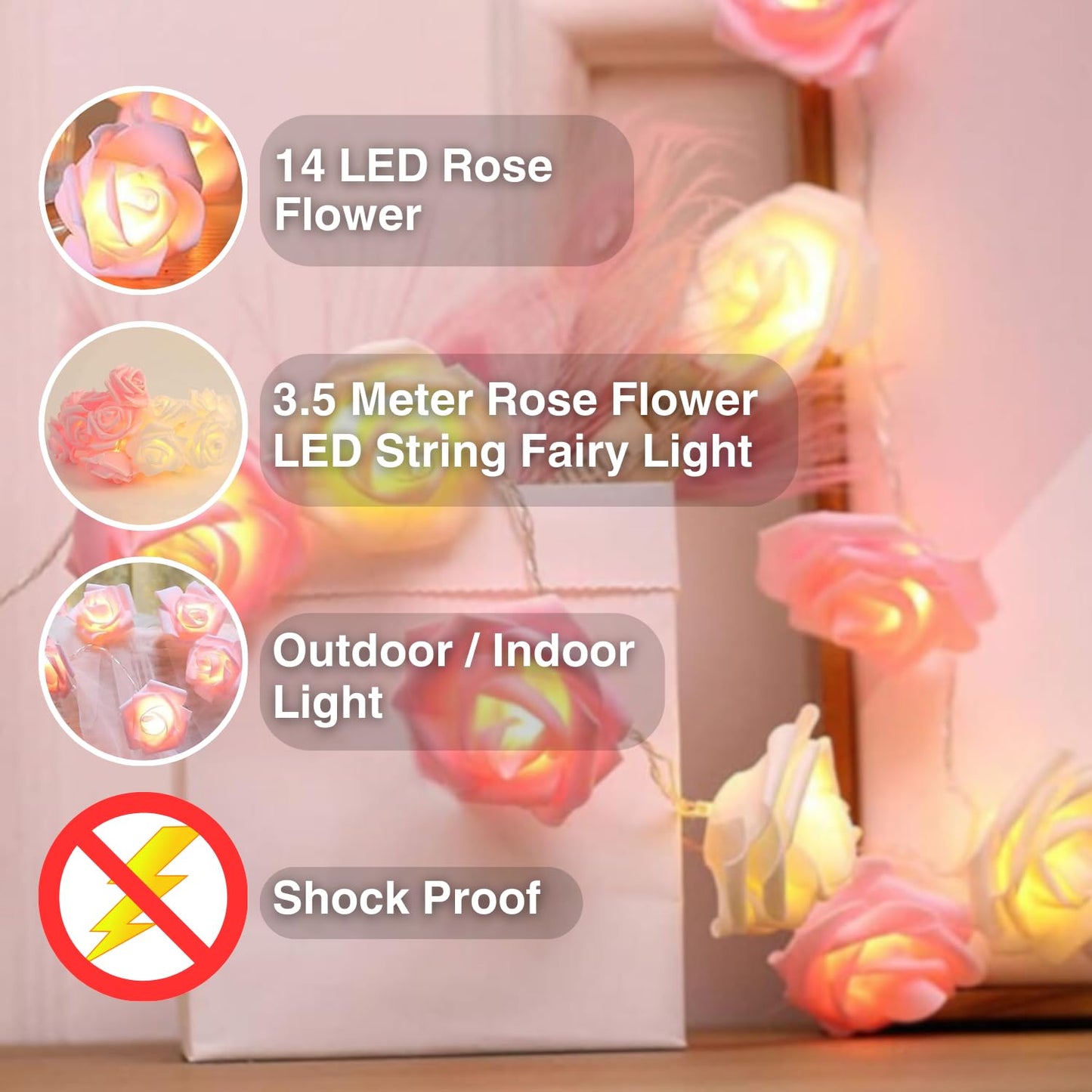 Rose Flower LED String Fairy Light, 14 LED 3 Meter Night Light for Home Decor