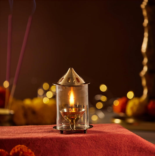 Akhand Diya/Oil Lamp with Glass Cover for Puja, Home Décor and Diwali