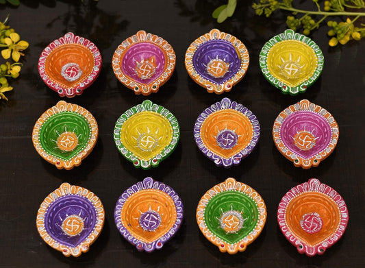 India Clay 12 Diyas Diya Deepak Earthen Assorted Colorful Set - Diwali Decoration Puja