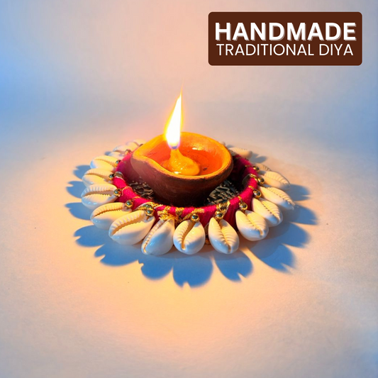 Traditional Decorative Diya with Cowrie Shells | Handmade Tealight Candle Holder for Diwali (Pack of 4)