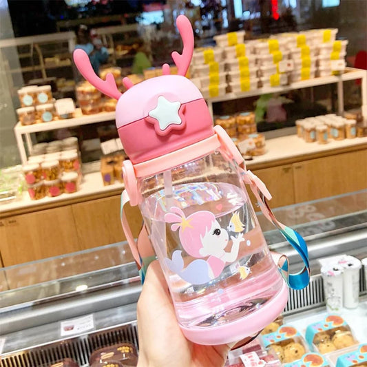 Kids Water Bottle with deer Cap, Cartoon Design, Pink