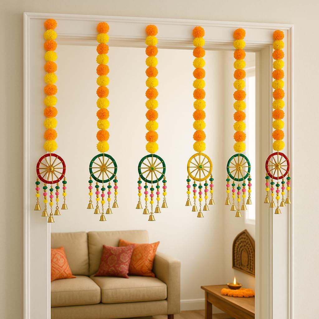Set of 5 Marigold Flower Garland with Hanging Wheels – Handcrafted