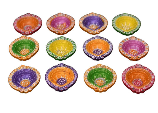 India Clay 12 Diyas Diya Deepak Earthen Assorted Colorful Set - Diwali Decoration Puja