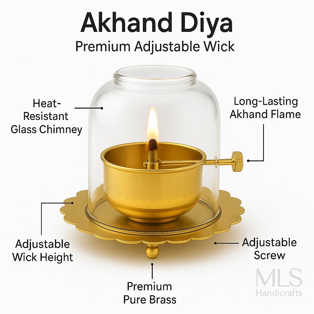Akhand Diya with Adjustable Wick & Glass Chimney - 30–36 Hr Burn Time