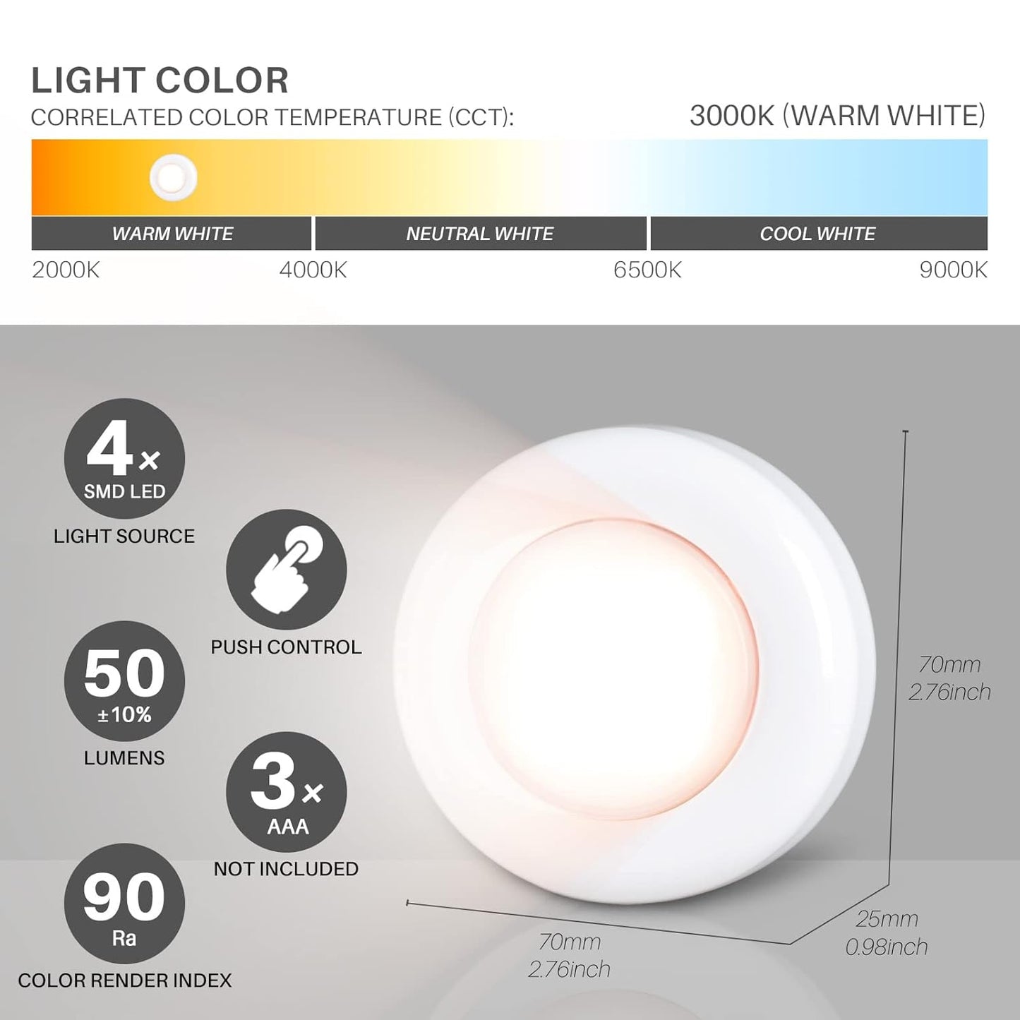 Push Tap Light, Mini Night Touch LED Puck Lamp, Portable Under Cabinet Lighting 7cm, Warm White, 5 Pack)