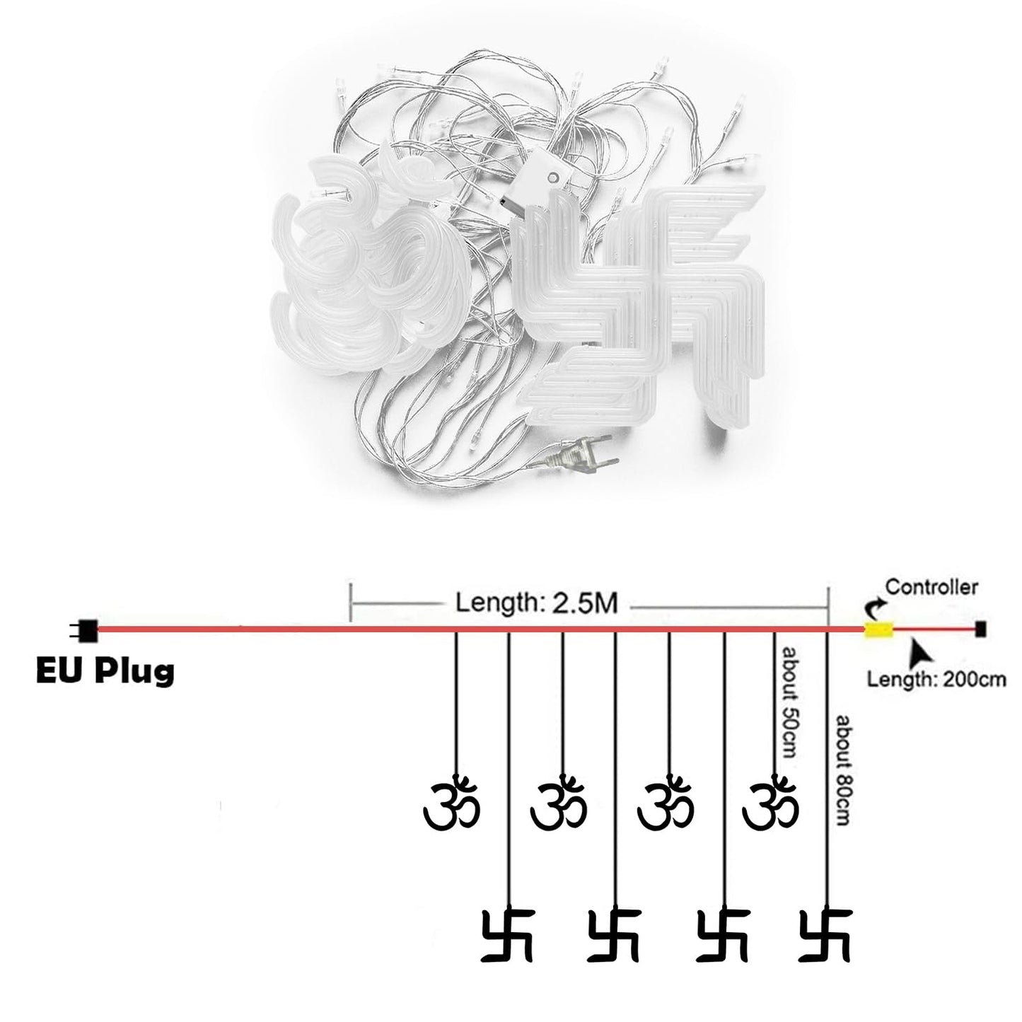 Om and Swastik Lights for Decoration - 12 LED(6+6), 6 Feet Temple Decoration Items