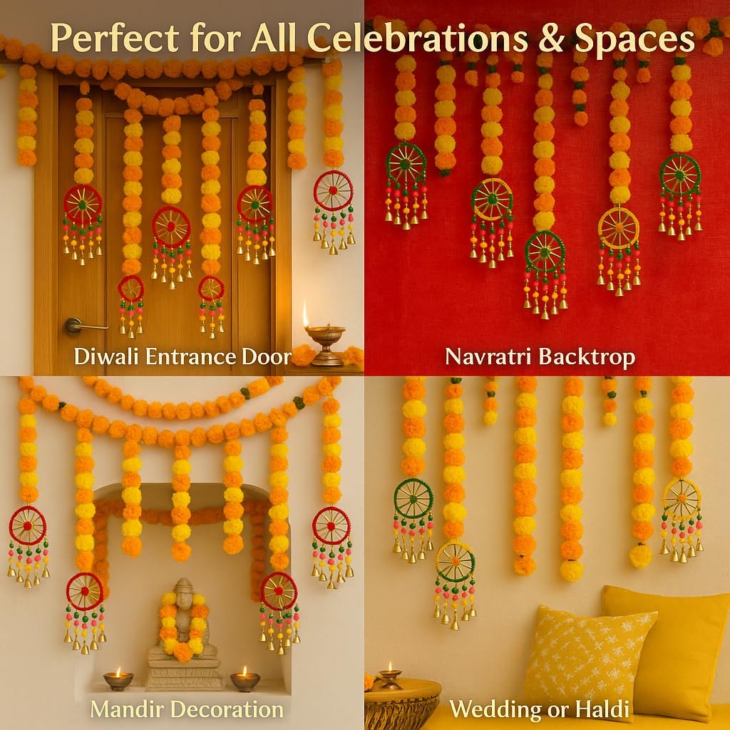 Set of 5 Marigold Flower Garland with Hanging Wheels – Handcrafted