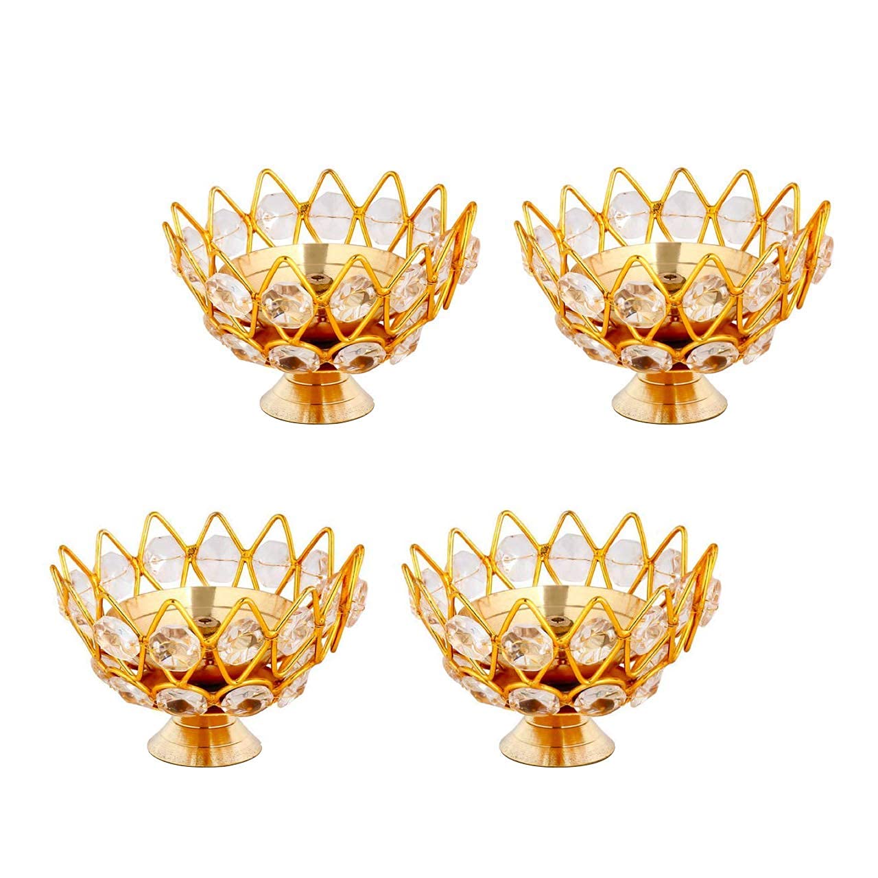 India Diwali Diya Crystal Round Akhand Diya for Puja Brass (Pack of 4)