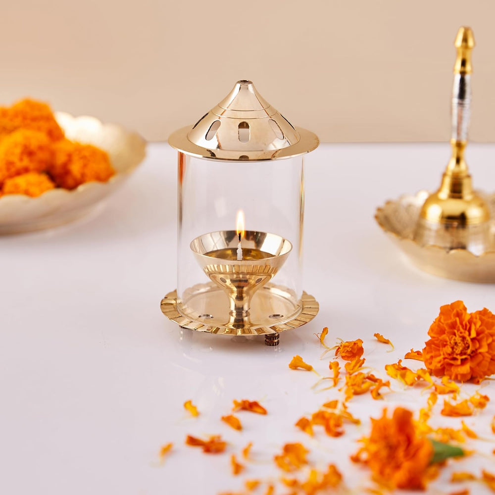 Akhand Diya/Oil Lamp with Glass Cover for Puja, Home Décor and Diwali