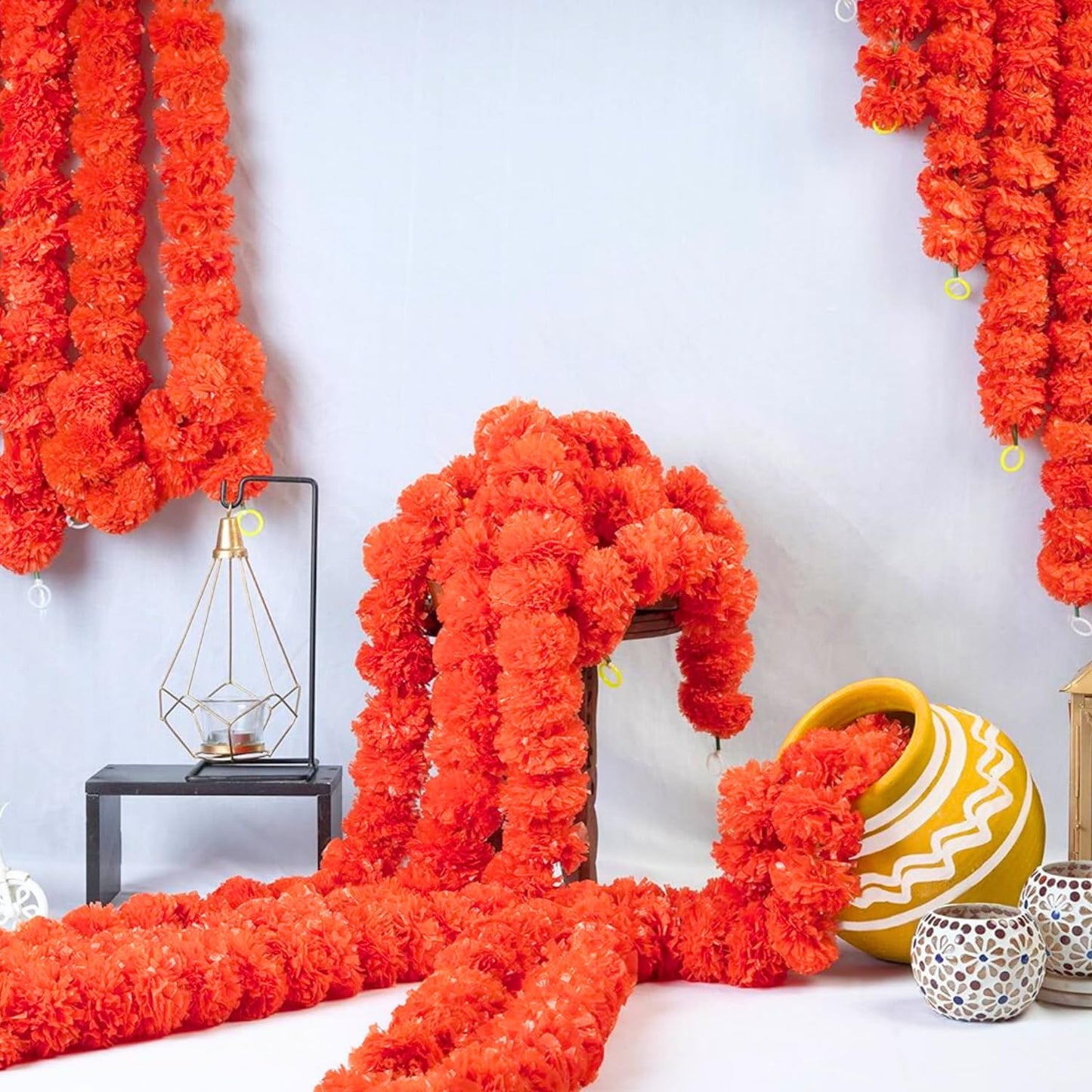 Artificial Marigold Garlands, Diwali & Pooja Room Decorations - Pack of 10 (5 Dark Orange, 5 Yellow)