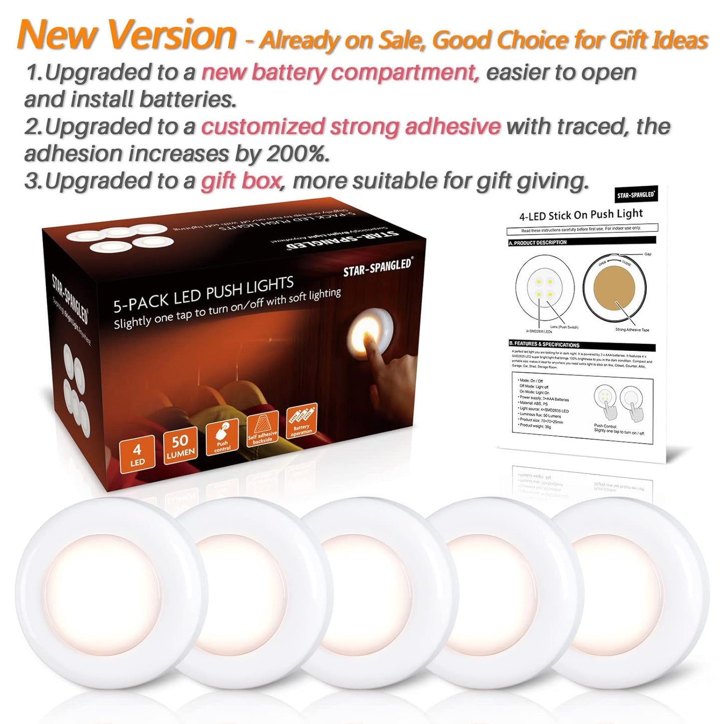 Push Tap Light, Mini Night Touch LED Puck Lamp, Portable Under Cabinet Lighting 7cm, Warm White, 5 Pack)