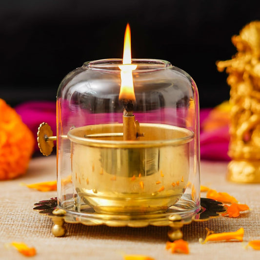 Akhand Diya with Adjustable Wick & Glass Chimney - 30–36 Hr Burn Time