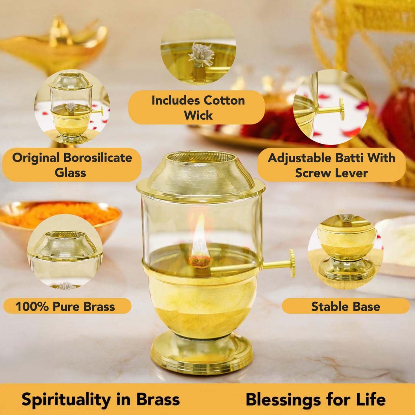 100% Pure Brass Akhand Jyot Diya with Adjustable Bati Knob