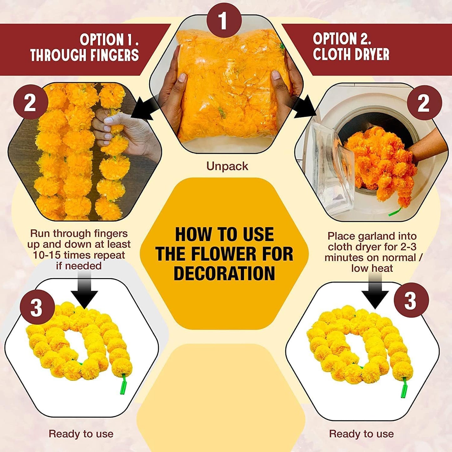 Artificial Marigold Garlands, Diwali & Pooja Room Decorations - Pack of 10 (5 Dark Orange, 5 Yellow)