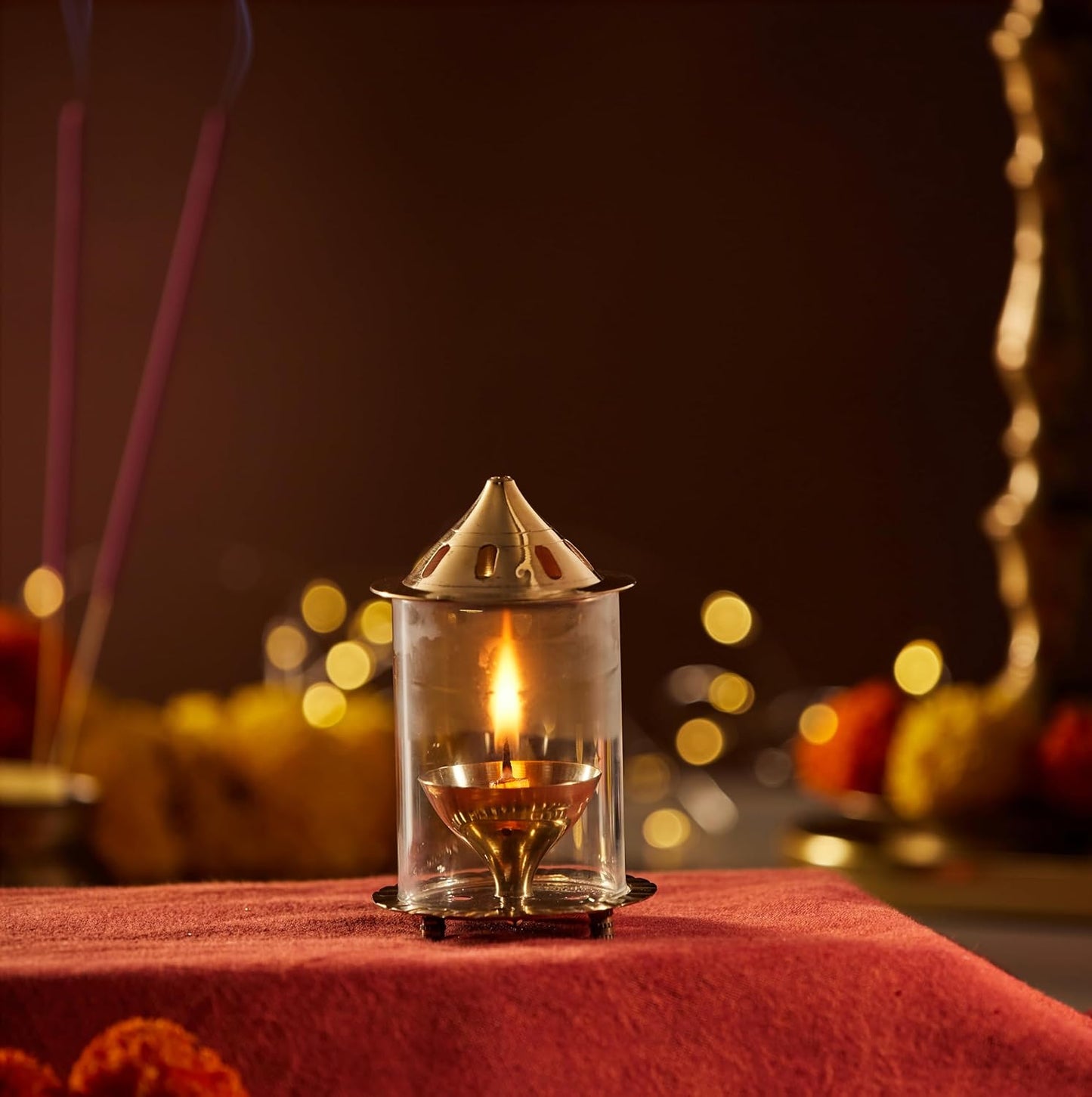 Akhand Diya/Oil Lamp with Glass Cover for Puja, Home Décor and Diwali