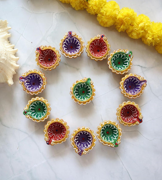 Handmade Colorful Clay Diya Set | Traditional Decorative Oil Lamps for Diwali & Festive Home Décor (Pack of 12)