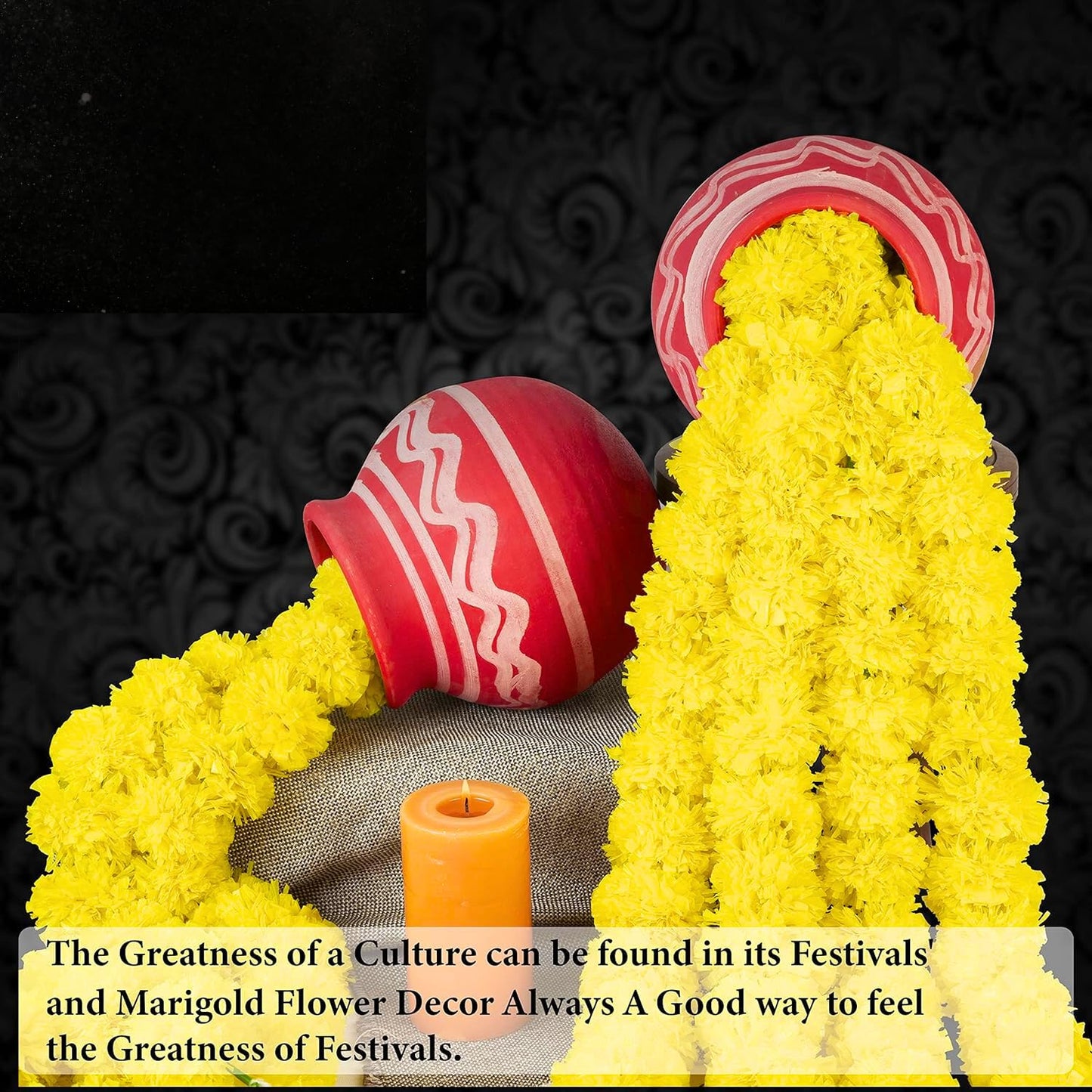 Artificial Marigold Garlands, Diwali & Pooja Room Decorations - Pack of 10 (5 Dark Orange, 5 Yellow)