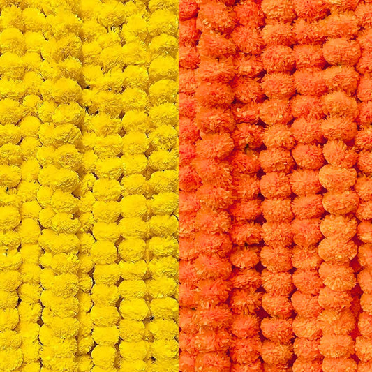 Artificial Marigold Garlands, Diwali & Pooja Room Decorations - Pack of 10 (5 Dark Orange, 5 Yellow)
