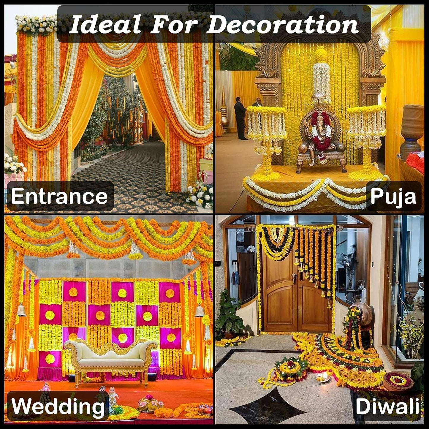Artificial Marigold Garlands, Diwali & Pooja Room Decorations - Pack of 10 (5 Dark Orange, 5 Yellow)