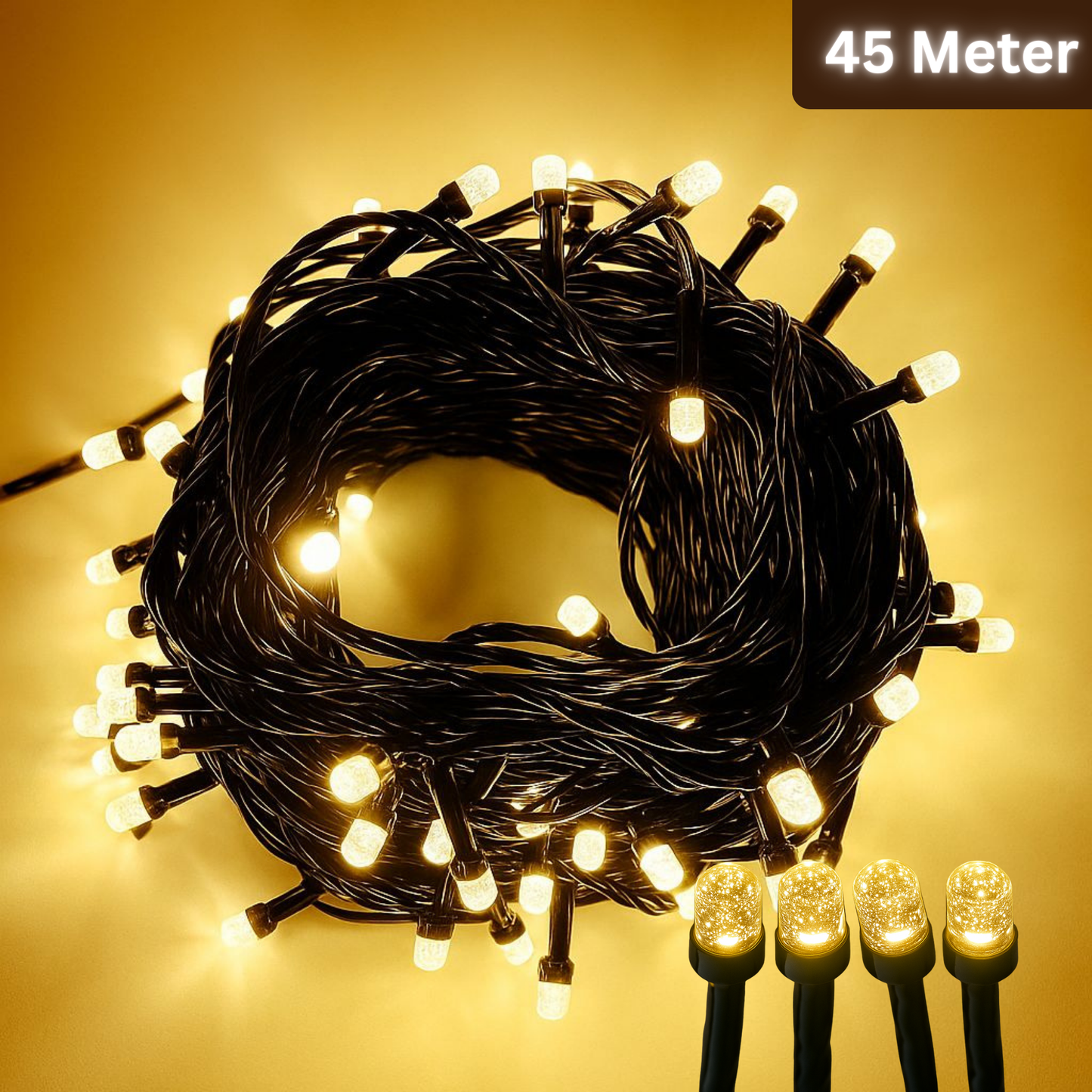 Premium 45M Warm White Diamond LED String Lights with Black Wire | Decoration LED Fairy Lights for Diwali,