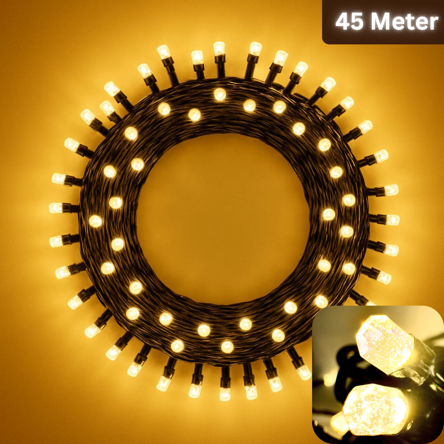 Premium 45M Warm White Diamond LED String Lights with Black Wire | Decoration LED Fairy Lights for Diwali,