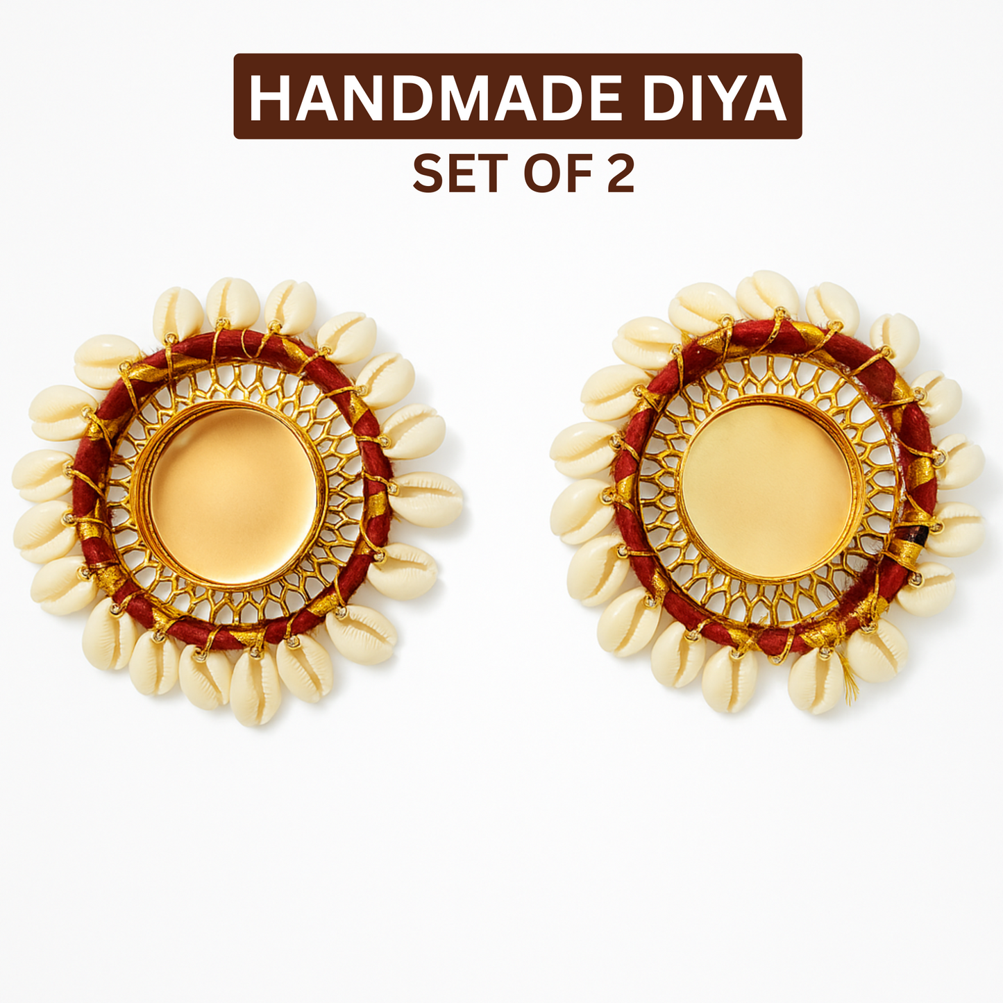 Traditional Decorative Diya with Cowrie Shells | Handmade Tealight Candle Holder for Diwali (Pack of 4)