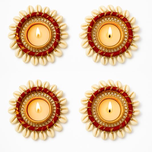Traditional Decorative Diya with Cowrie Shells | Handmade Tealight Candle Holder for Diwali (Pack of 4)