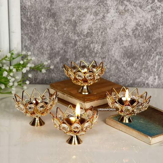 India Diwali Diya Crystal Round Akhand Diya for Puja Brass (Pack of 4)